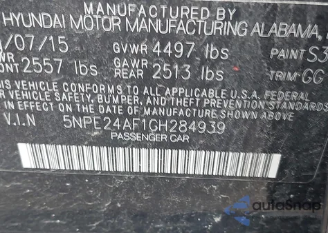 2016 Hyundai Sonata Se from USA, damaged, VIN 5NPE24AF1GH284939